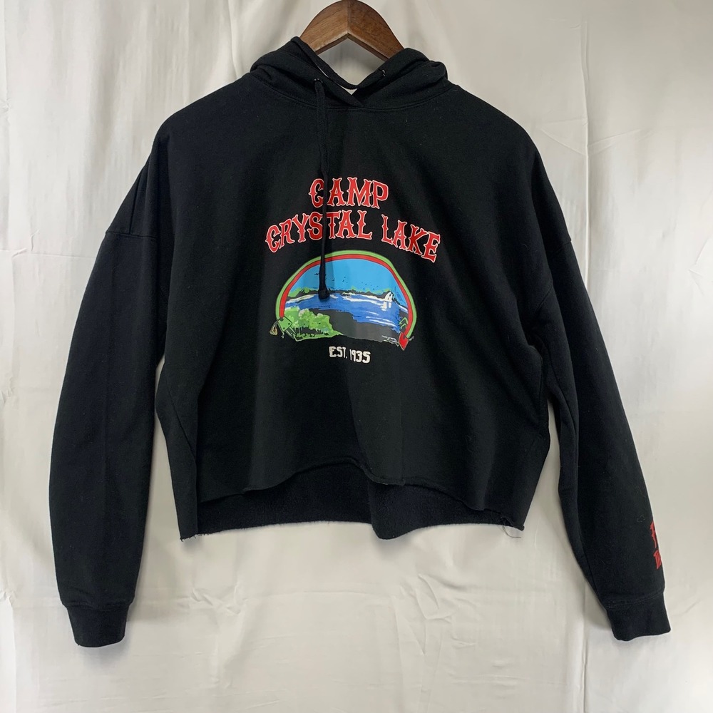 Friday the 13th Hoodie Women Medium Black Camp Crystal Lake Cropped Graphic